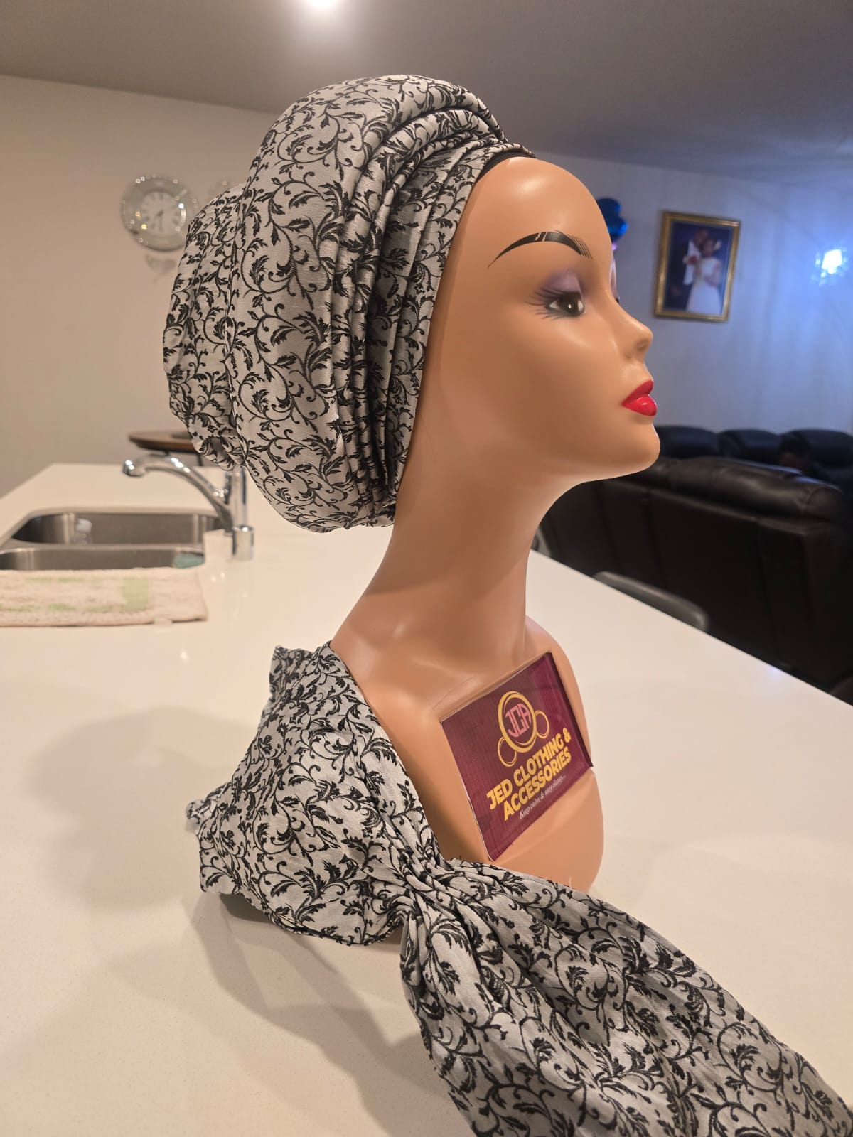 Luxury Damask Turban with Ipele (Grey & Black Mix) - Image 3