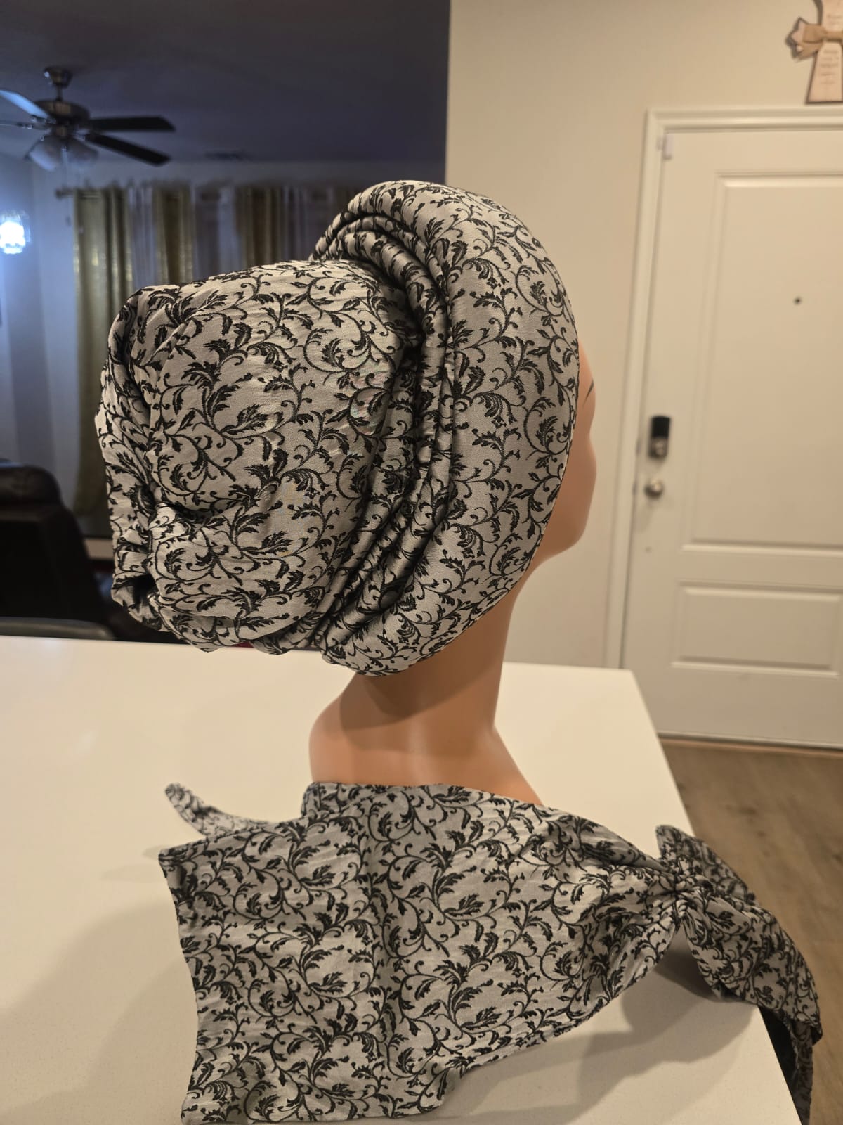 Luxury Damask Turban with Ipele (Grey & Black Mix) - Image 2