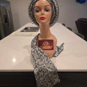 Luxury Damask Turban with Ipele (Grey & Black Mix)