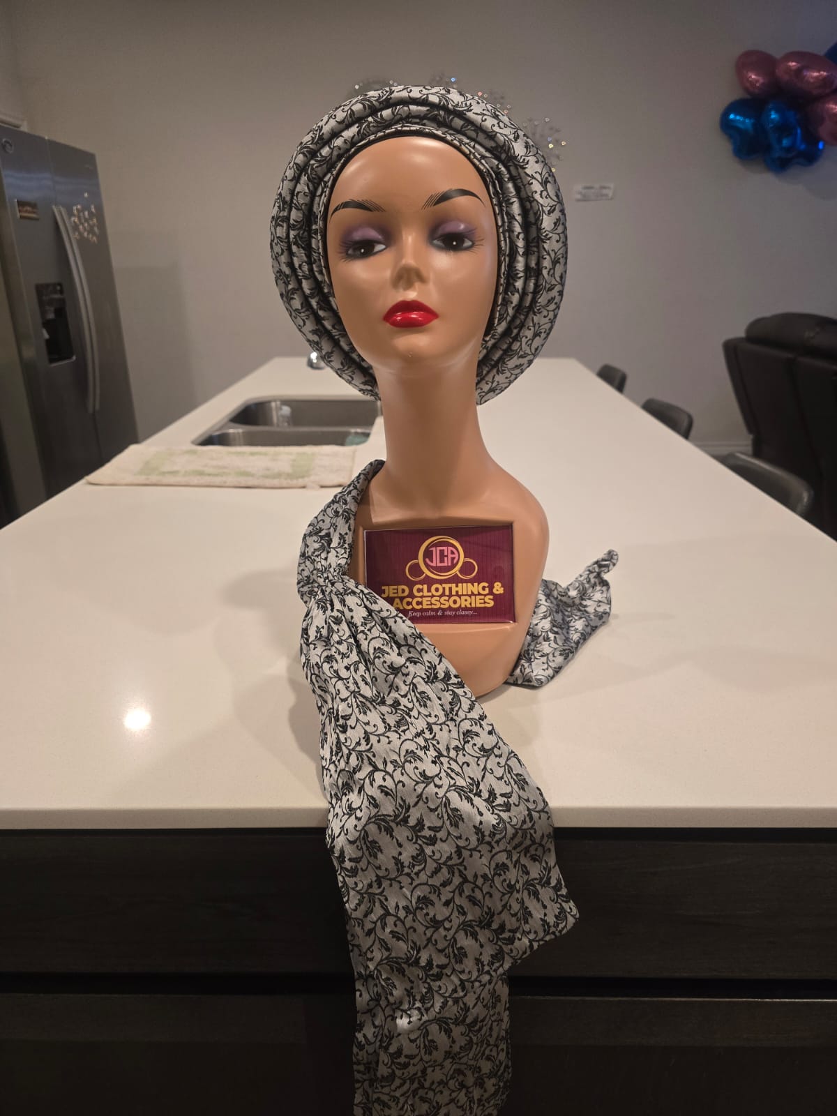 Luxury Damask Turban with Ipele (Grey & Black Mix)