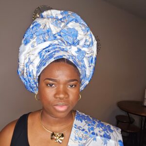 Luxury Damask Auto Gele & Ipele Set – Blue and White Mix