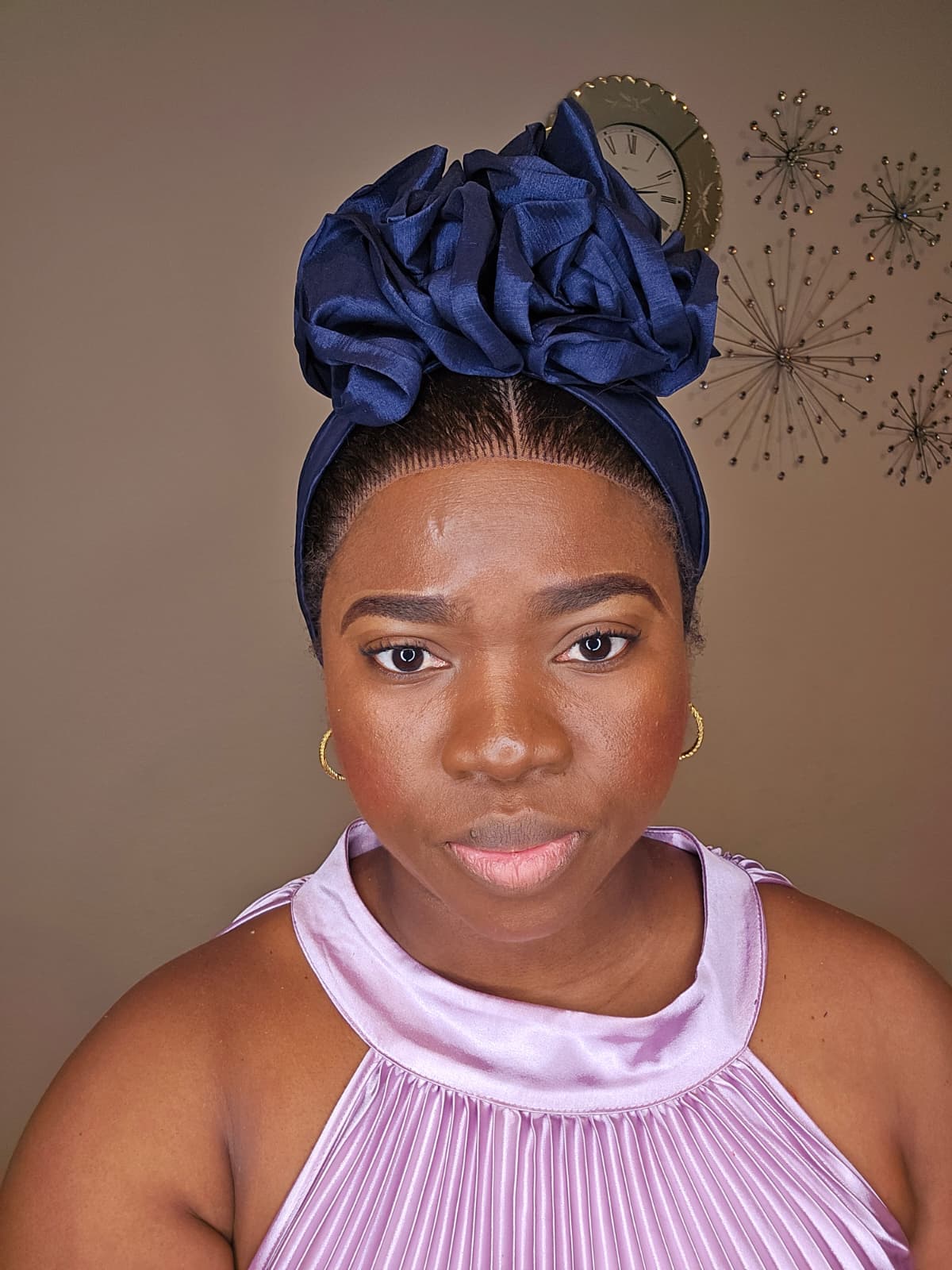 Luxury Elegant Women’s Turban Headwrap – Navy Blue & Cream (Premium Finish)