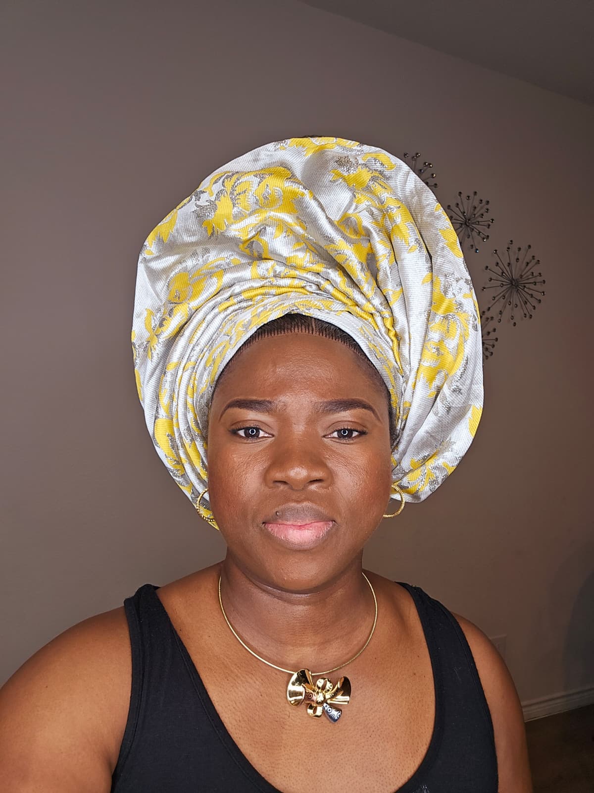 Luxury Damask Auto Gele (Pre-Tied) – Off-White with Gold & Yellow Accents - Image 2