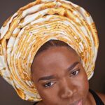 Luxury Damask Auto Gele (Pre-Tied) – Off-White with Gold & Yellow Accents