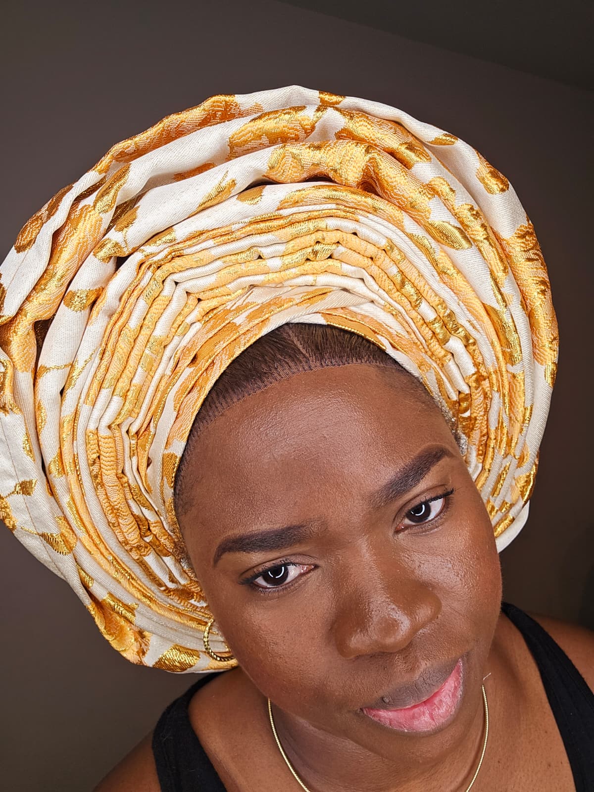 Luxury Damask Auto Gele (Pre-Tied) – Off-White with Gold & Yellow Accents