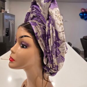 Luxury Damask Auto Gele – Purple & Cream Mixed Aso-Oke Headwrap
