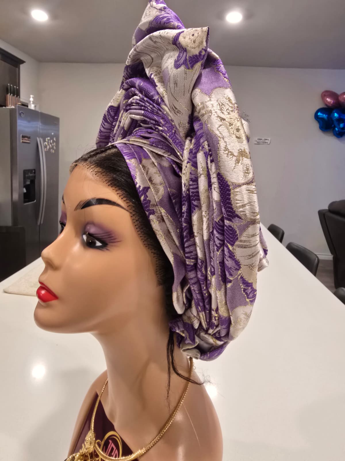 Luxury Damask Auto Gele – Purple & Cream Mixed Aso-Oke Headwrap