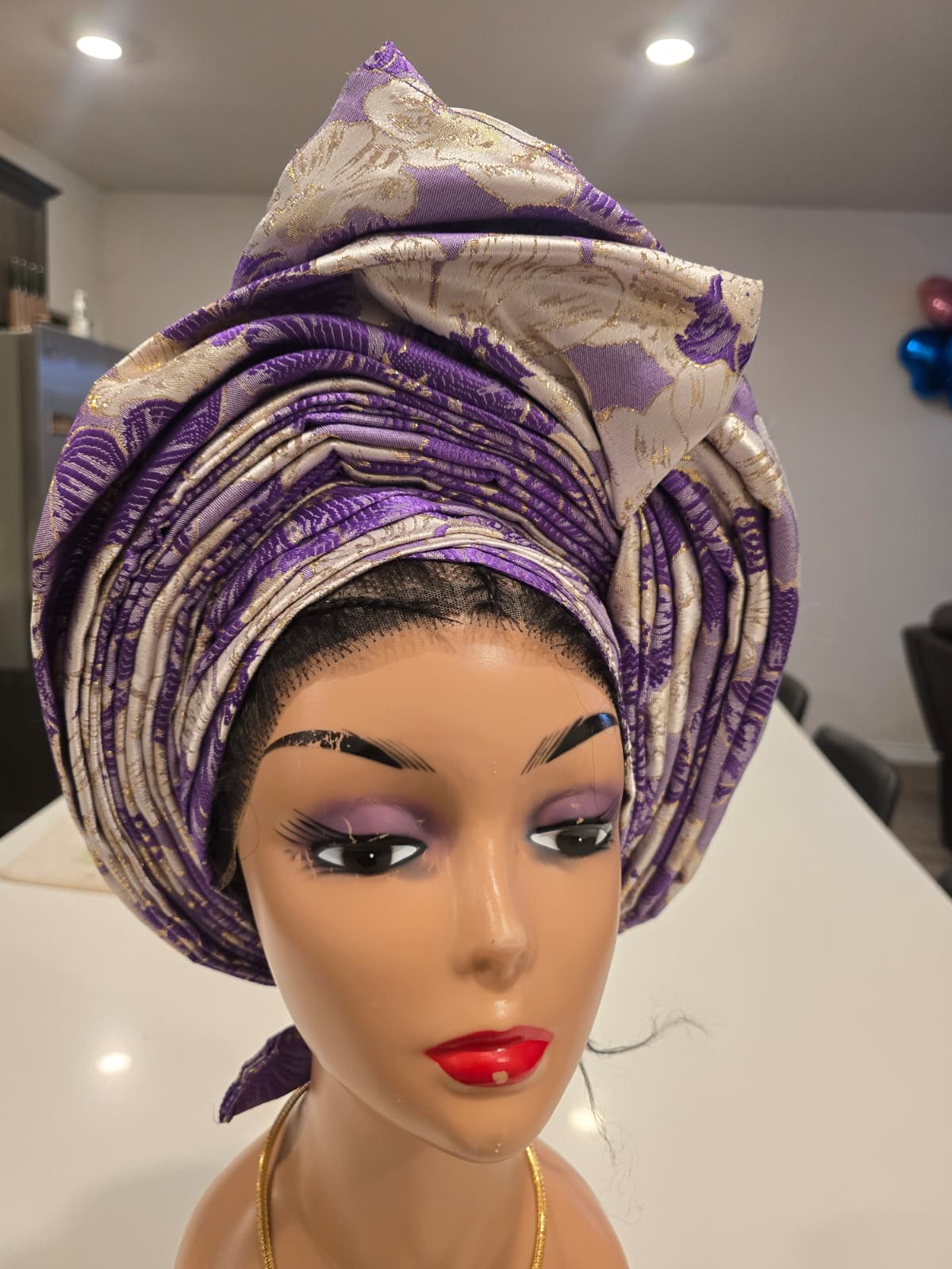 Luxury Damask Auto Gele – Purple & Cream Mixed Aso-Oke Headwrap - Image 2