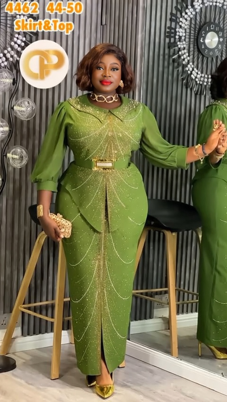 Olive Green Turkish 2-Piece Skirt & Top Set with Stone Details