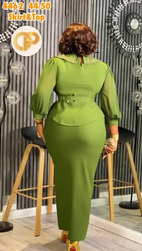 Olive Green Turkish 2-Piece Skirt & Top Set with Stone Details - Image 2