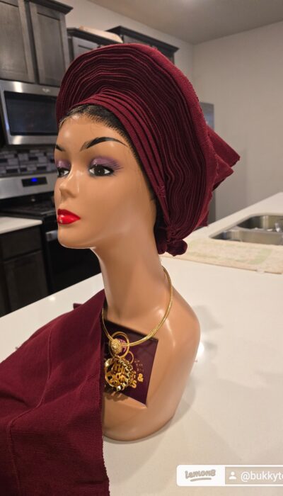 Auto Gele and Ipele Set in Wine - 6pcs Ready-to-Wear Aso Oke Gele with Matching Ipele (Limited Stock)
