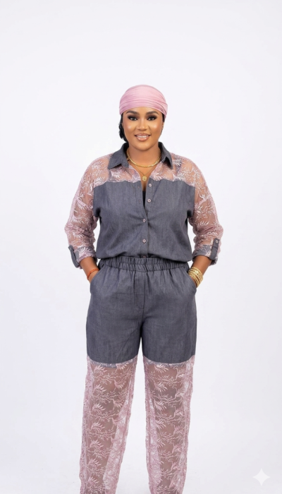 Elegant Turkey Two-Piece Jean Set – Half Jean Half Lace Shirt & Trouser (Women’s Denim Outfit)