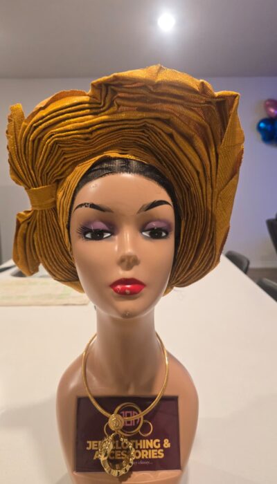 Aso-oke auto gele custer gold