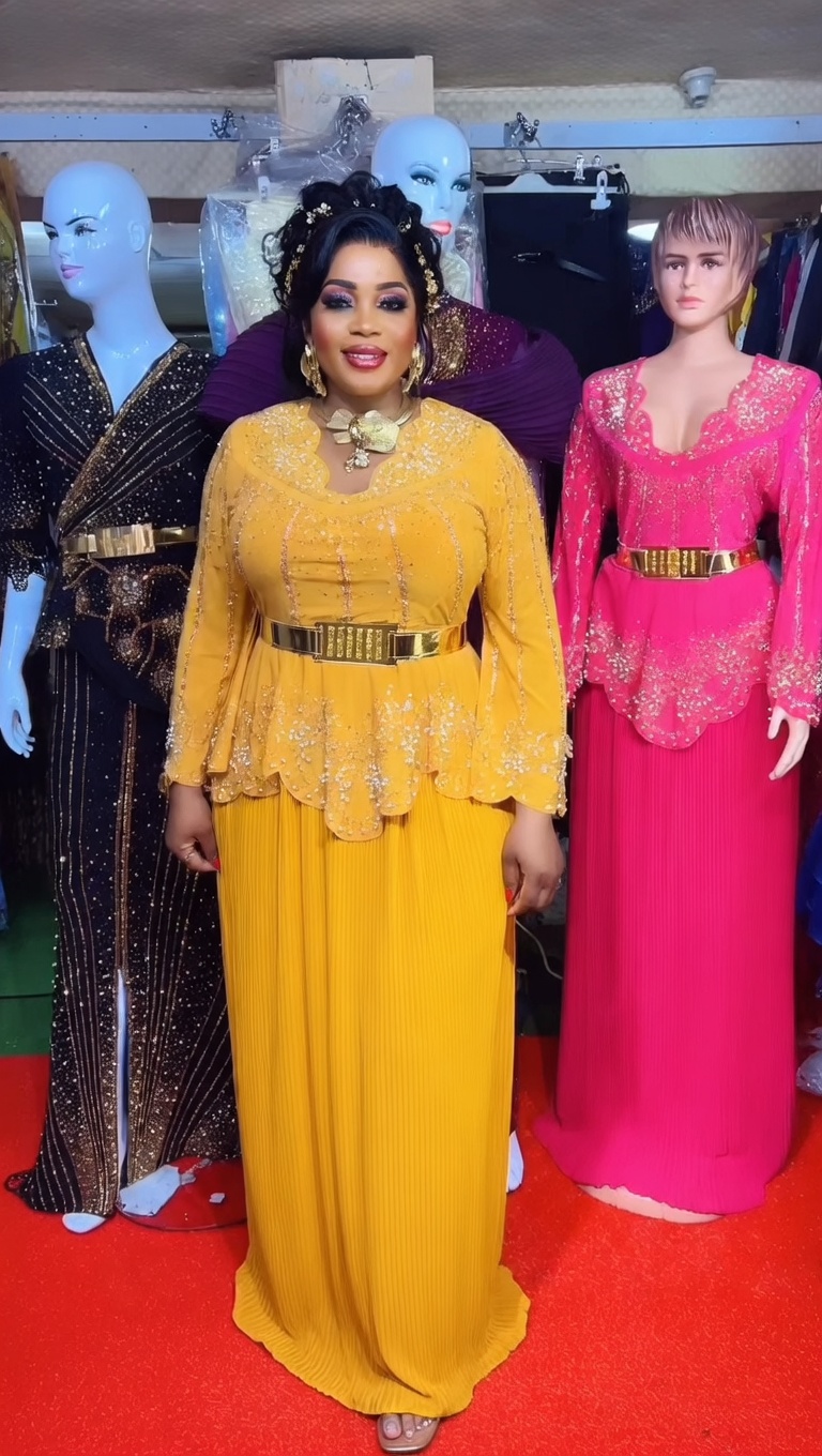 Luxury Gold Turkey Long Dress Gown – Double Material Lycra & Chiffon with Stones & Belt ($100)