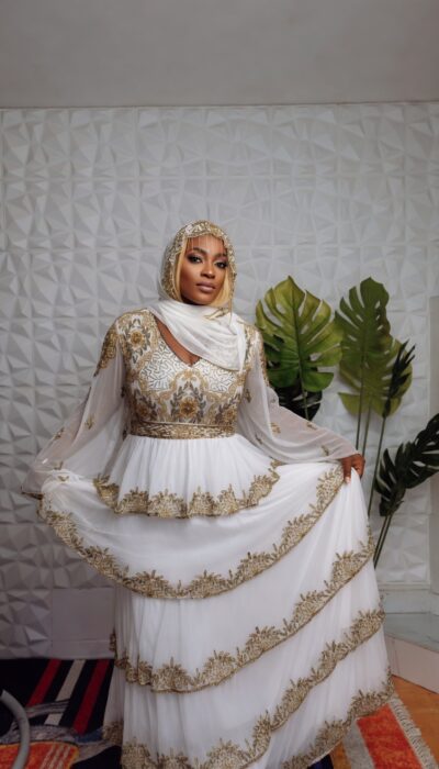 Dubai beaded long gown with a scarf
