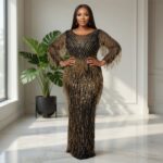Dubai beautiful luxury dress Beaded long gown, Black and gold color