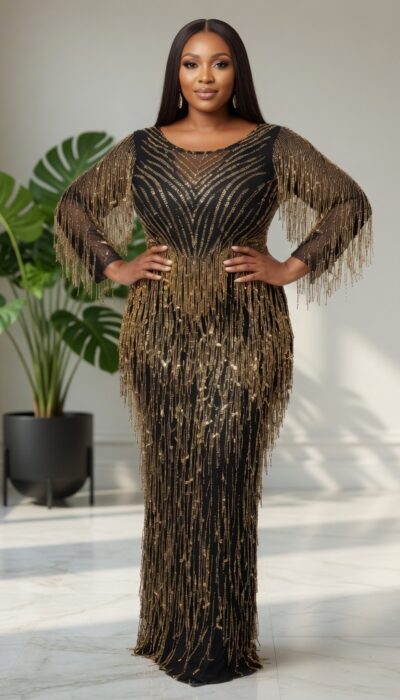 Dubai beautiful luxury dress Beaded long gown, Black and gold color