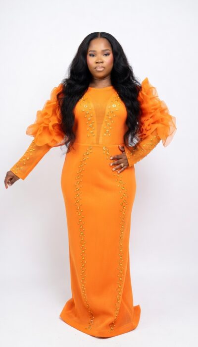 Elegant Orange Turkey Net Long Dress with Puffy Long Sleeves