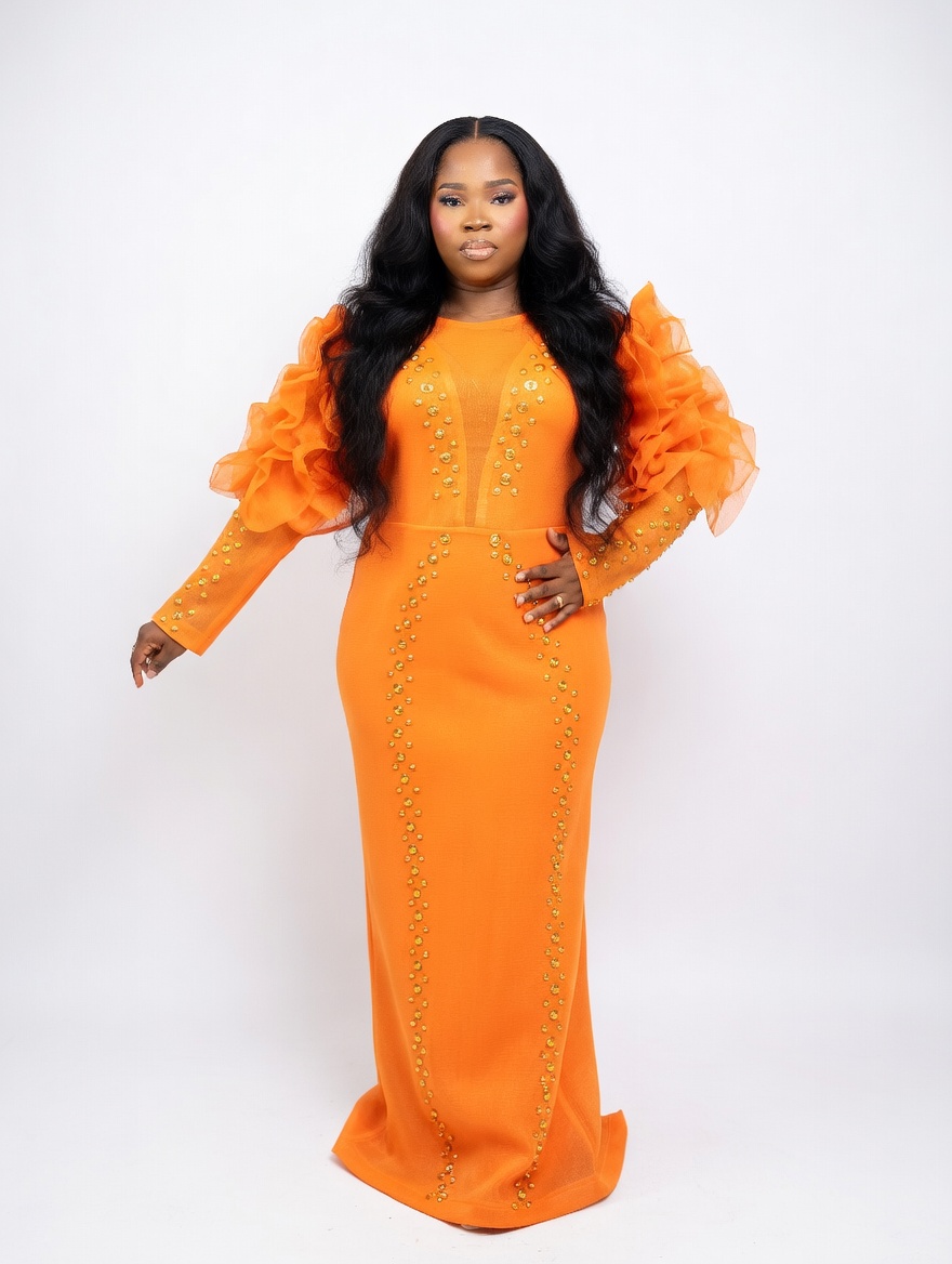 Elegant Orange Turkey Net Long Dress with Puffy Long Sleeves