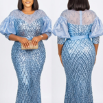 Turkey–Africa Sky Blue Long Sequin Dress with Matching Belt