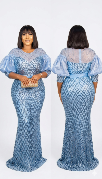 Turkey–Africa Sky Blue Long Sequin Dress with Matching Belt
