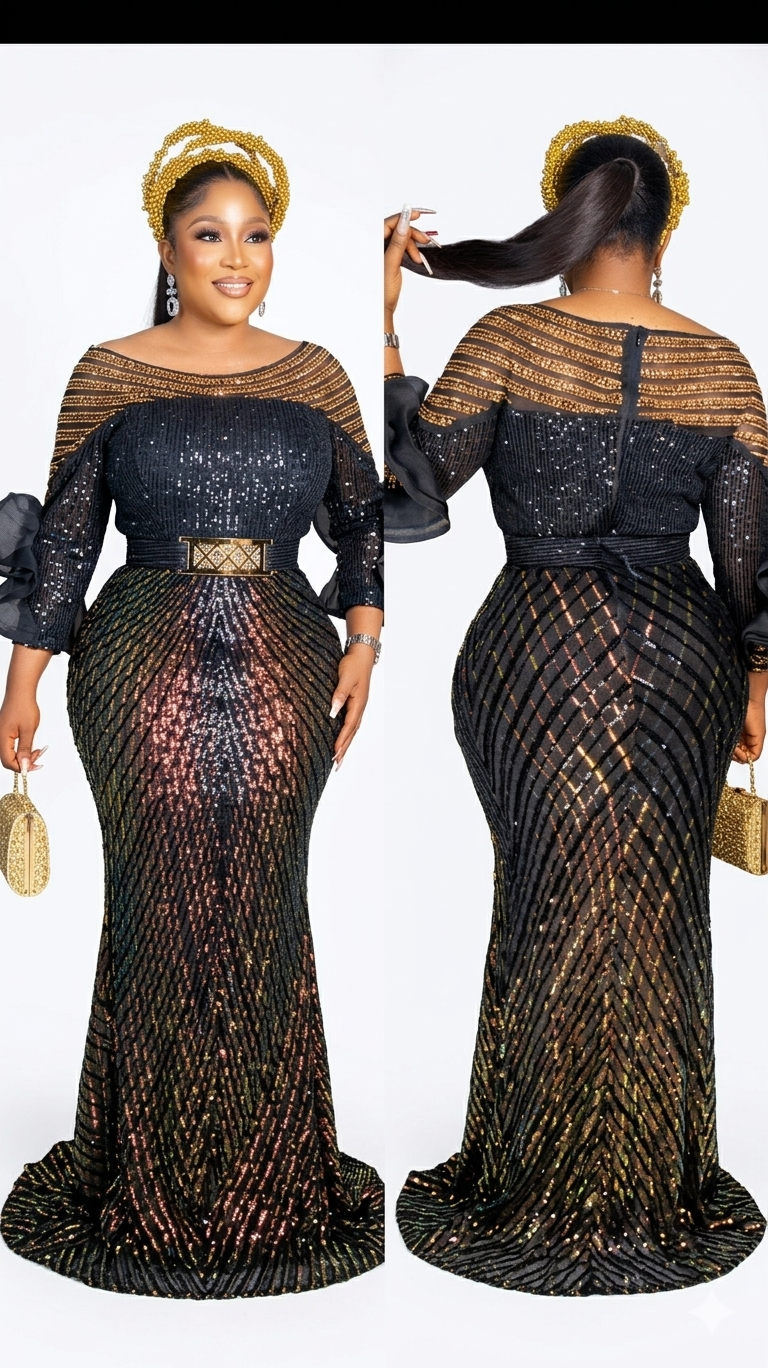 Turkey Beautiful Sequence Long African Party Dress with Belt