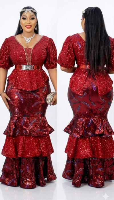 Turkey–Africa Two-Piece Red Long Dress with Sequins & Matching Belt