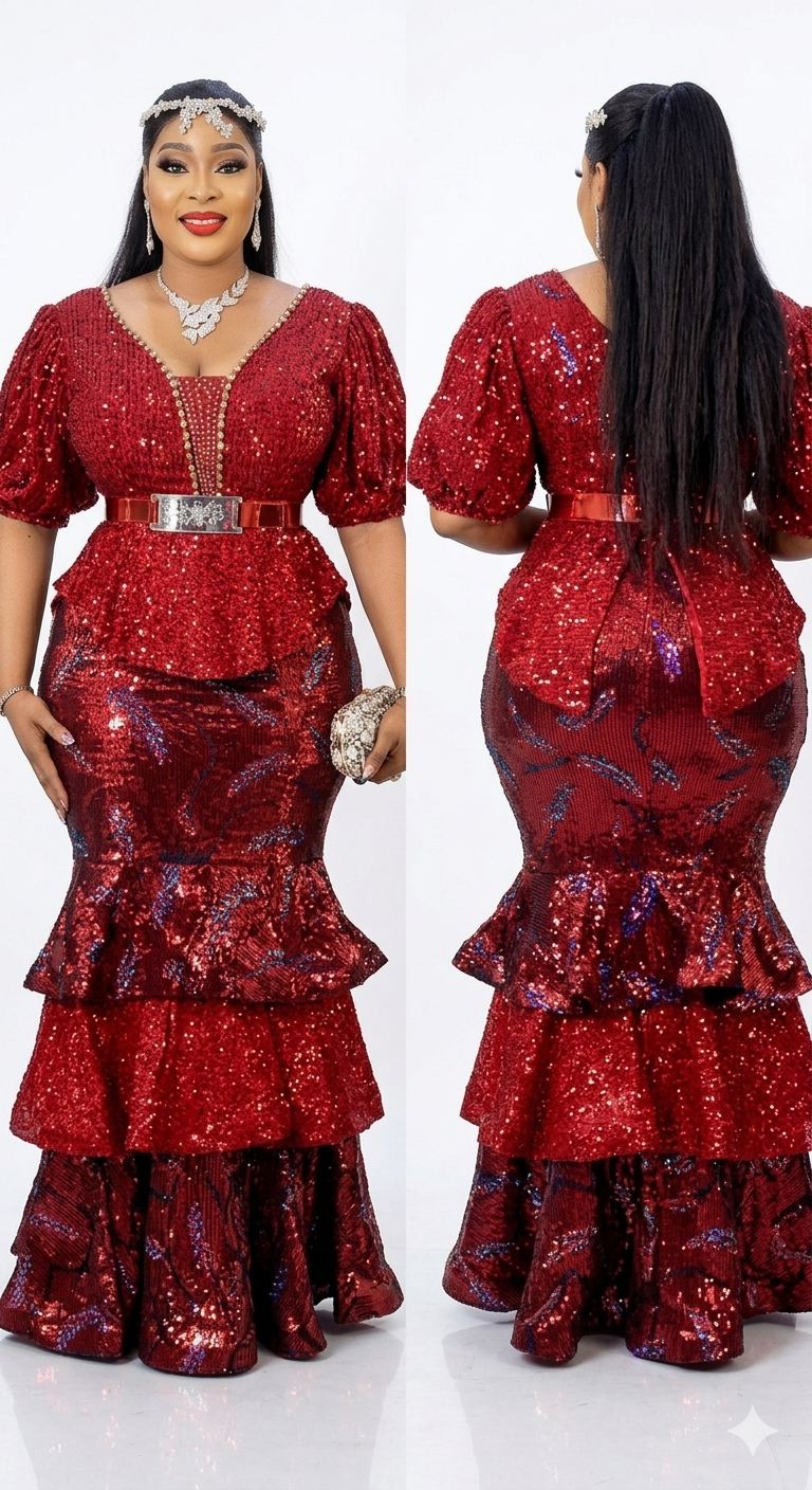 Turkey–Africa Two-Piece Red Long Dress with Sequins & Matching Belt