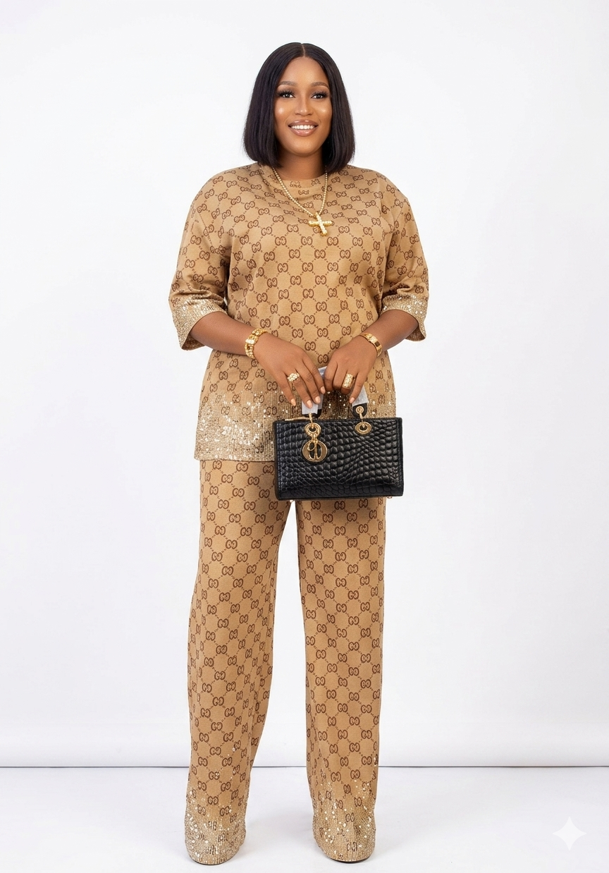 Turkey Two‑Piece Stone‑Detailed Top & Trouser Set in Cartoon Color