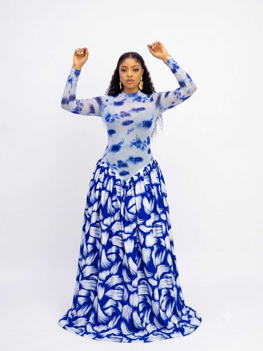 Elegant Patterned Mesh Dress – Women’s Sheer Long-Sleeve Statement Dress