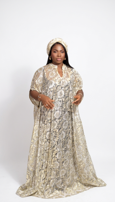 Premium African Net Bubu Lace Dress with Matching Turban – Elegant Traditional Women's Wear