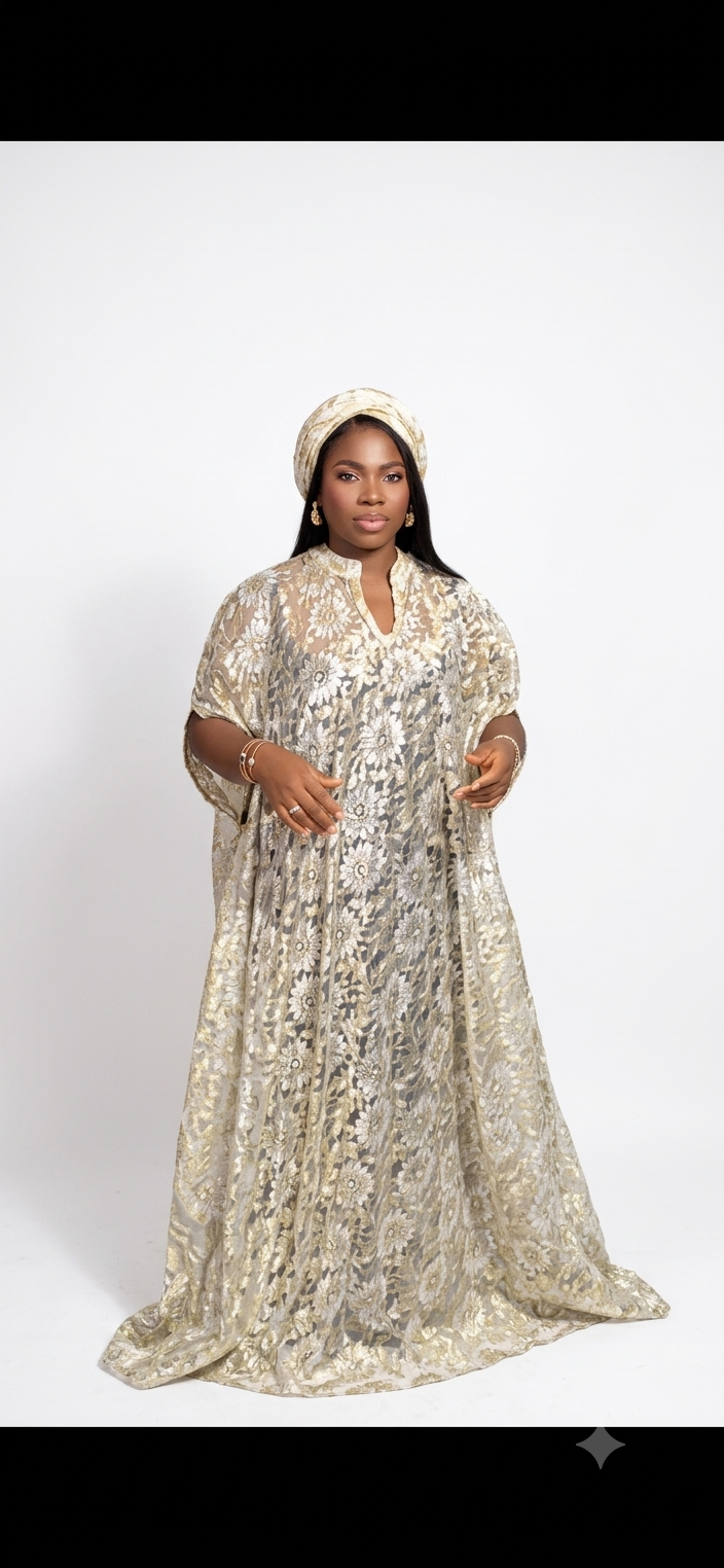 Premium African Net Bubu Lace Dress with Matching Turban – Elegant Traditional Women's Wear